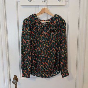 J. Crew Silk-Twill Ruffle-Collar Mushroom Print Button Down Top